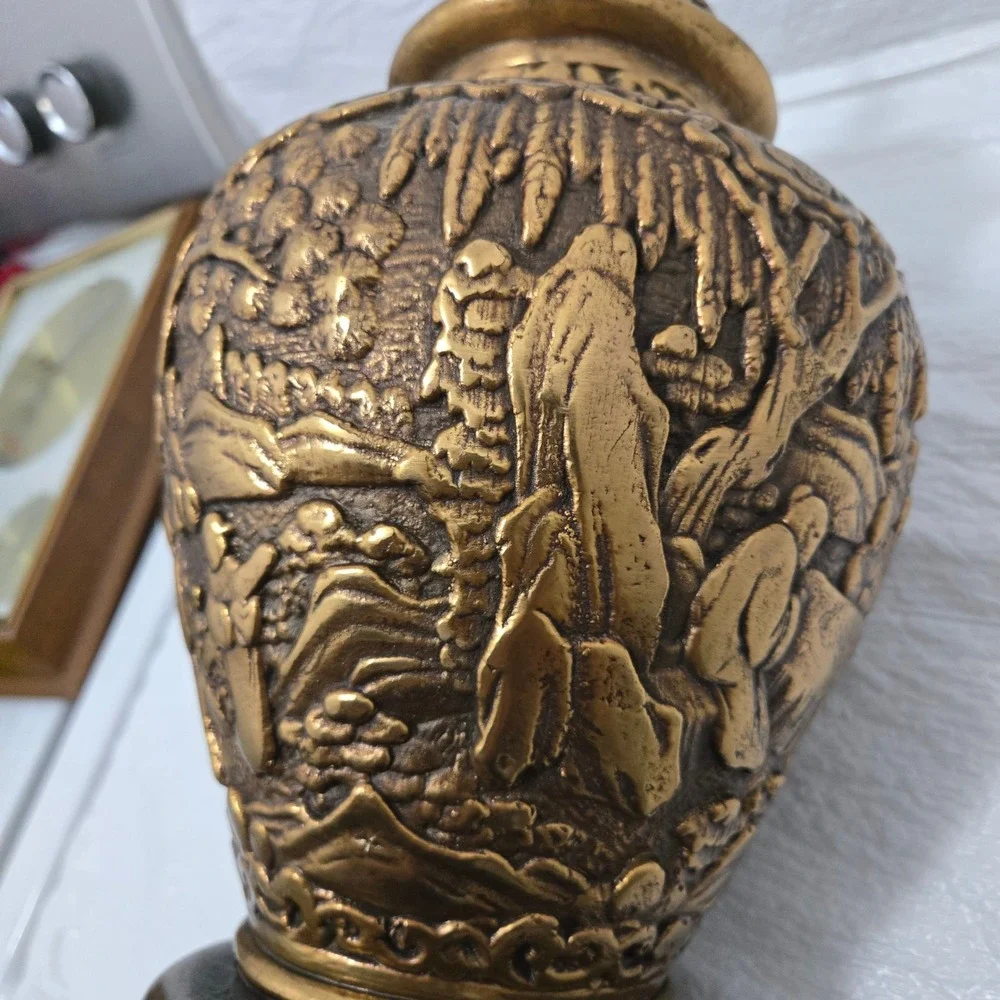Vintage Chinese Gold Cinnabar Ginger Jar Urn Carved Relief Landscape 11.5in
